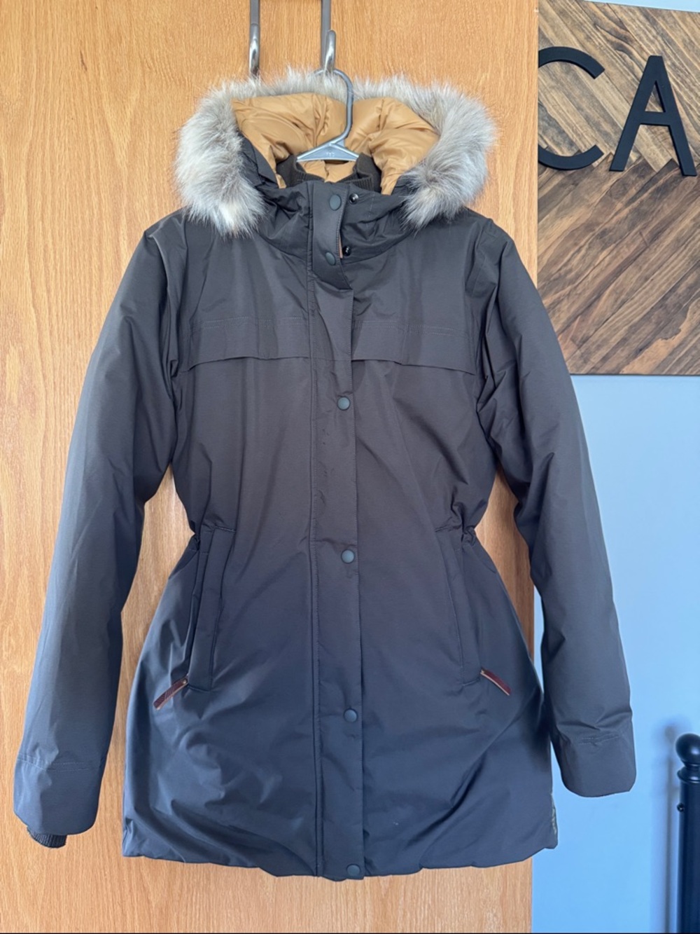 Prana Women's Dark Charcoal Gray  Hooded Jacket Down Coat with Faux-Fur, Sz S